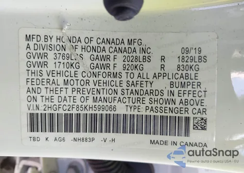 2019 Honda Civic Sport from USA, damaged, VIN 2HGFC2F85KH599066